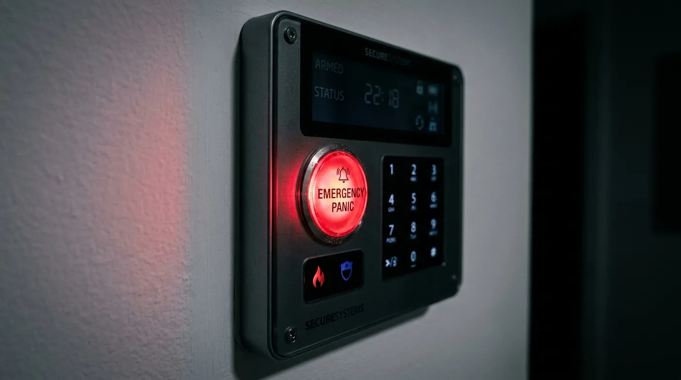 A close-up of a modern home security panel mounted on a white wall, highlighting a glowing red emergency panic button.