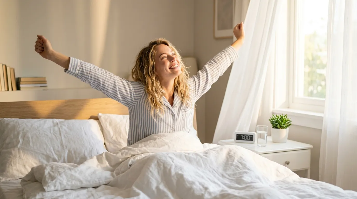 Happy person stretching in bed in the bright morning sunlight