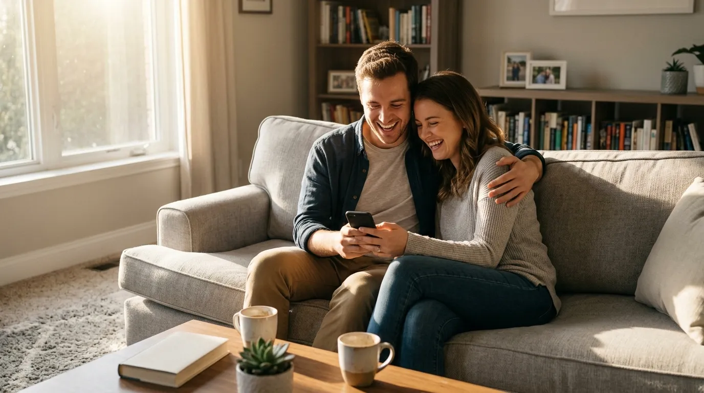 A young couple sitting on a sofa, looking at a smartphone and smiling with obvious relief.