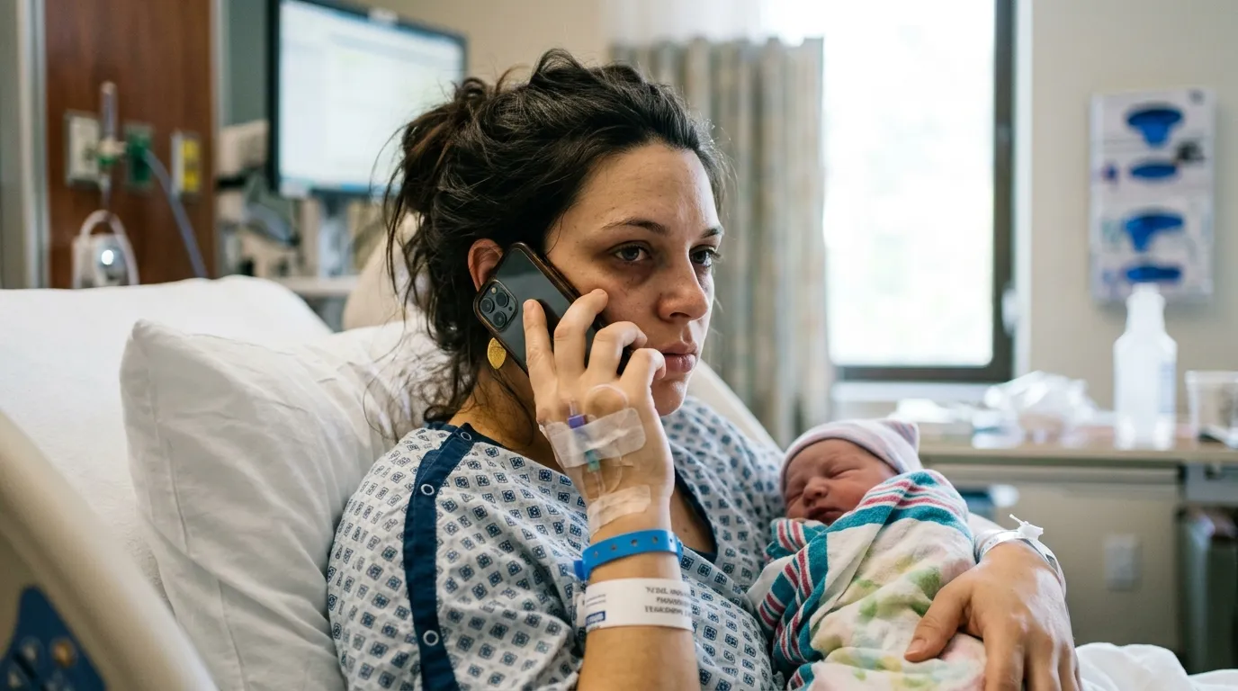 Fierce new mother making a phone call from her hospital bed