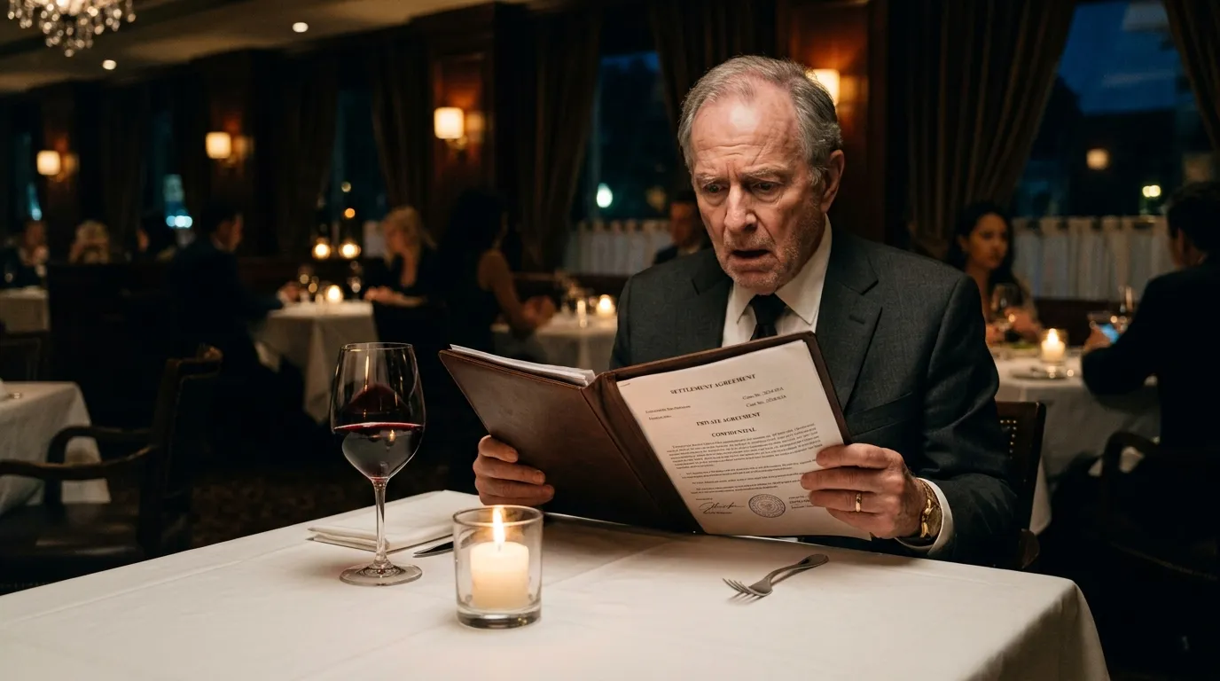 A tense view across a restaurant table showing an older man staring in shock at an open folder.