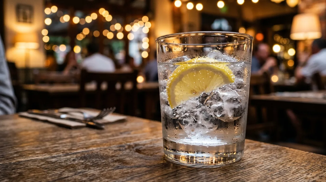 A glass of ice water with a lemon wedge on a restaurant table