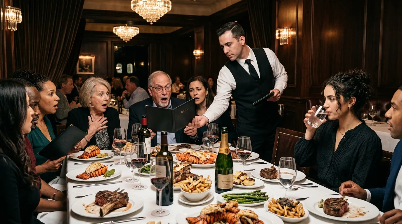 A waiter handing out separate black leather bill folders to shocked family members at a fancy steakhouse.