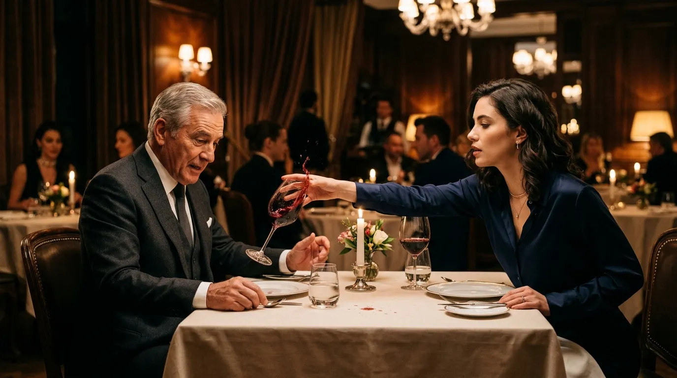 A young woman catching a falling wine glass at a fancy restaurant while an older man looks on.