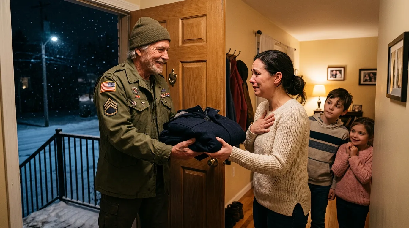 A veteran standing in an apartment doorway returning a folded winter jacket to a mother and her two children