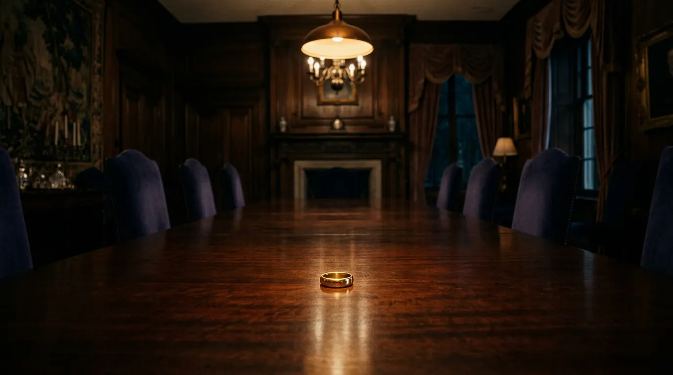 A single gold ring sitting alone in the exact center of an elegantly set, dimly lit dining room table, radiating tension.
