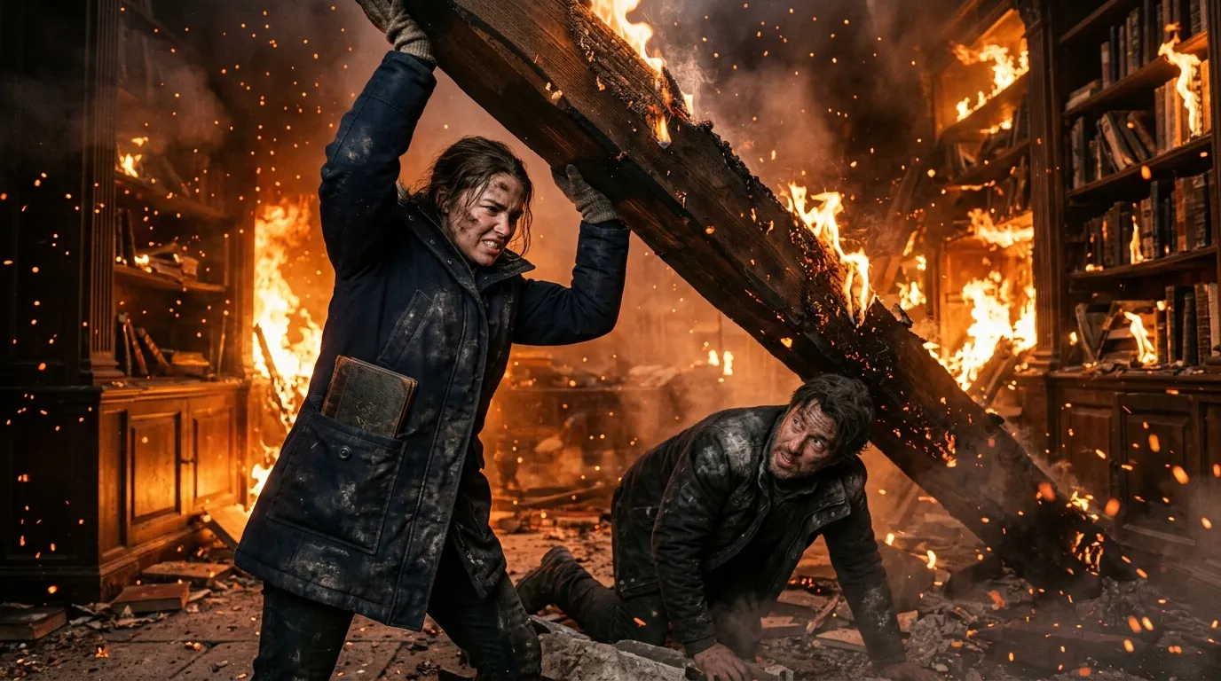 Rosalie Durham lifting a burning wooden beam in the smoking archive room to save Manuel Nelson.