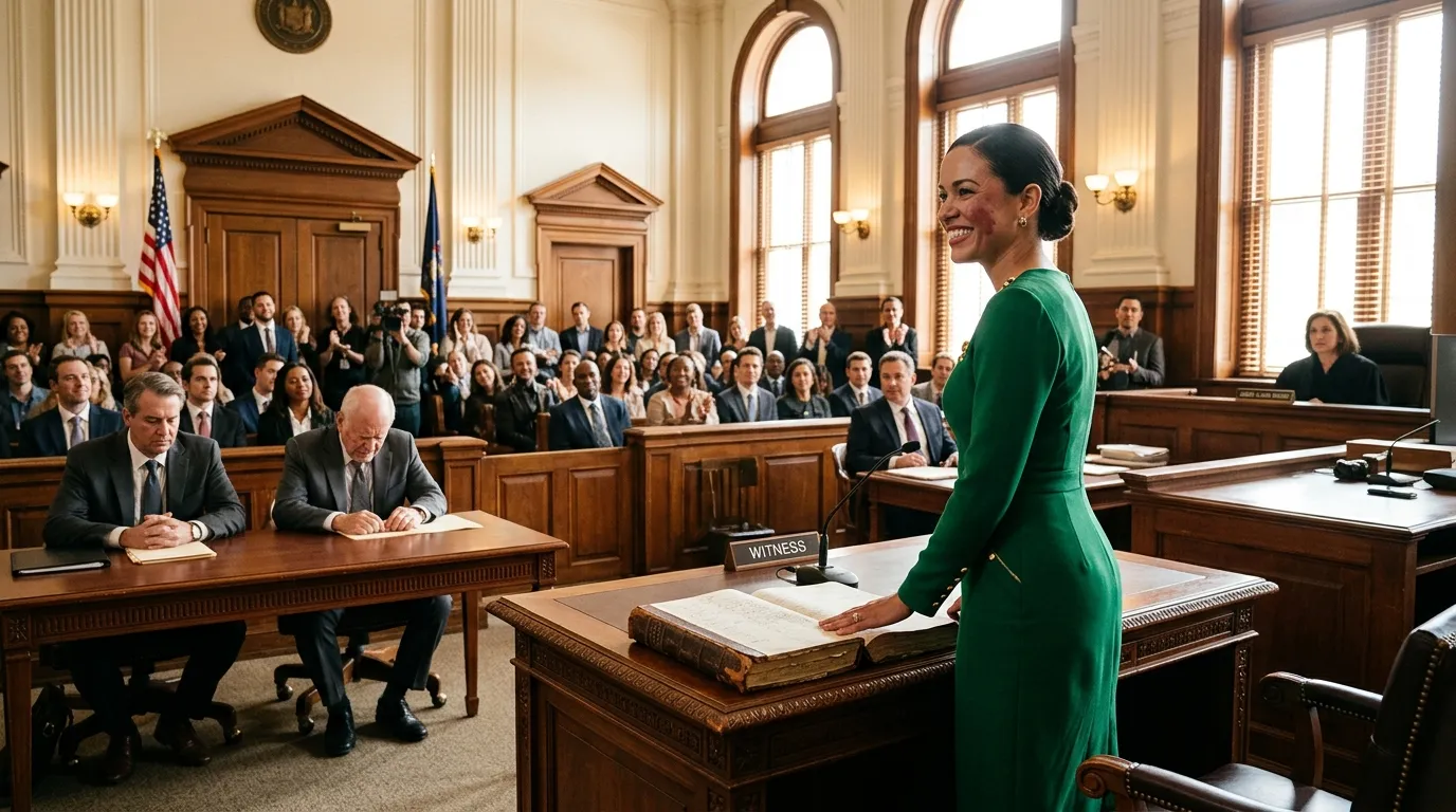 Rosalie Durham testifying in court in an emerald dress, presenting her mother's ledger against her father Emmett.