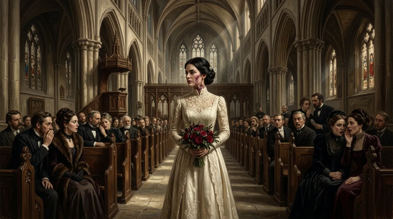 Rosalie Durham walking down the aisle of Saint Jude Cathedral without a veil, showing her facial birthmark amidst whispering guests.