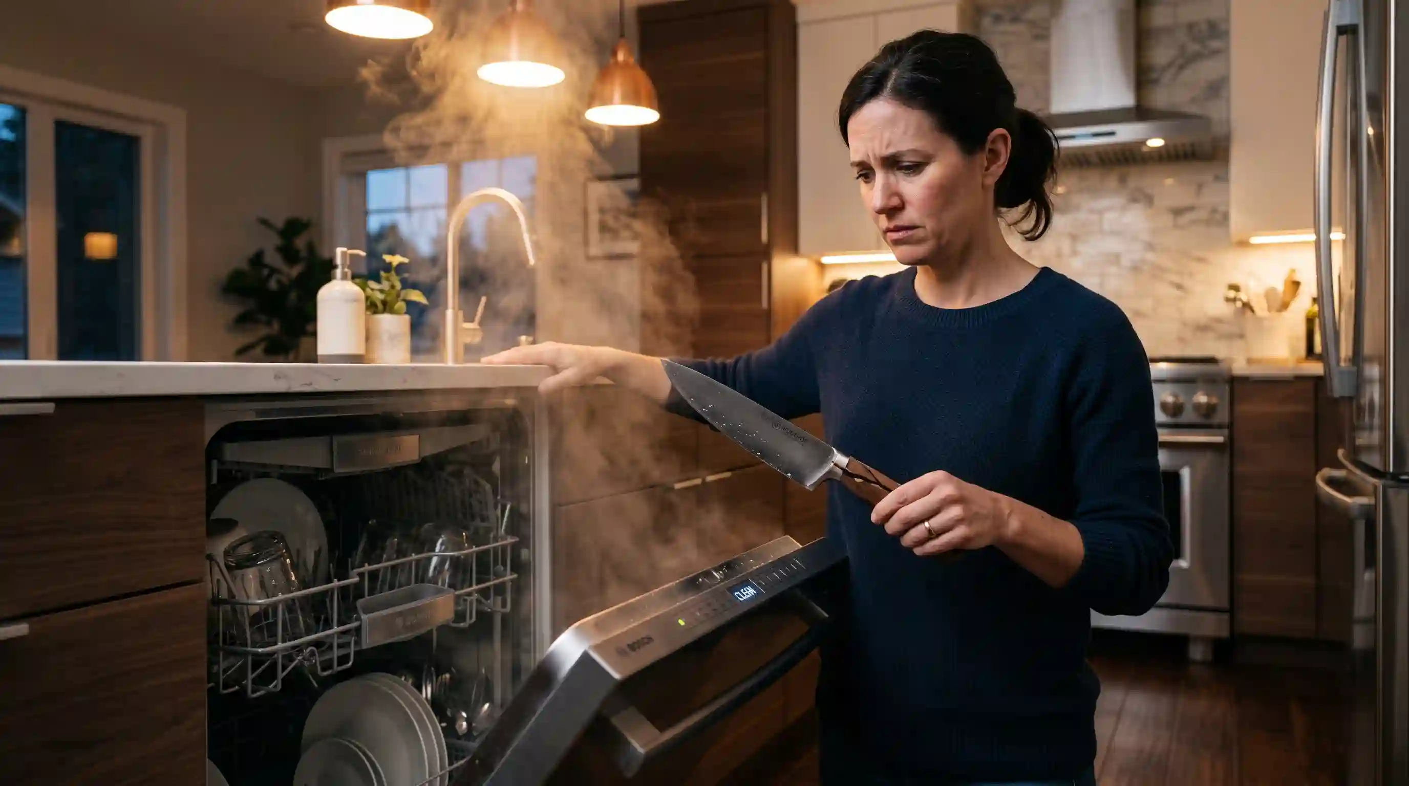 Frustrated person holding a ruined chef's knife in front of a steaming dishwasher