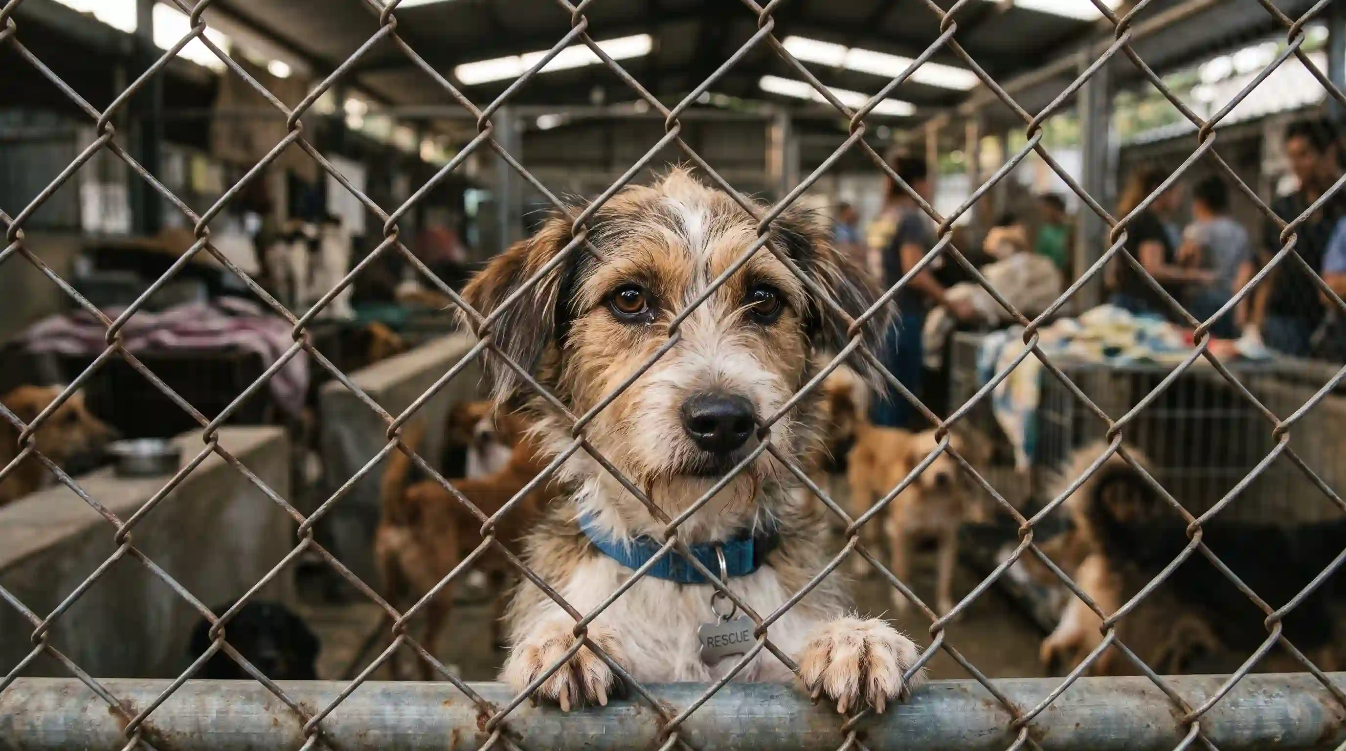 A sad dog looking through the chain-link fence of an overcrowded animal shelter