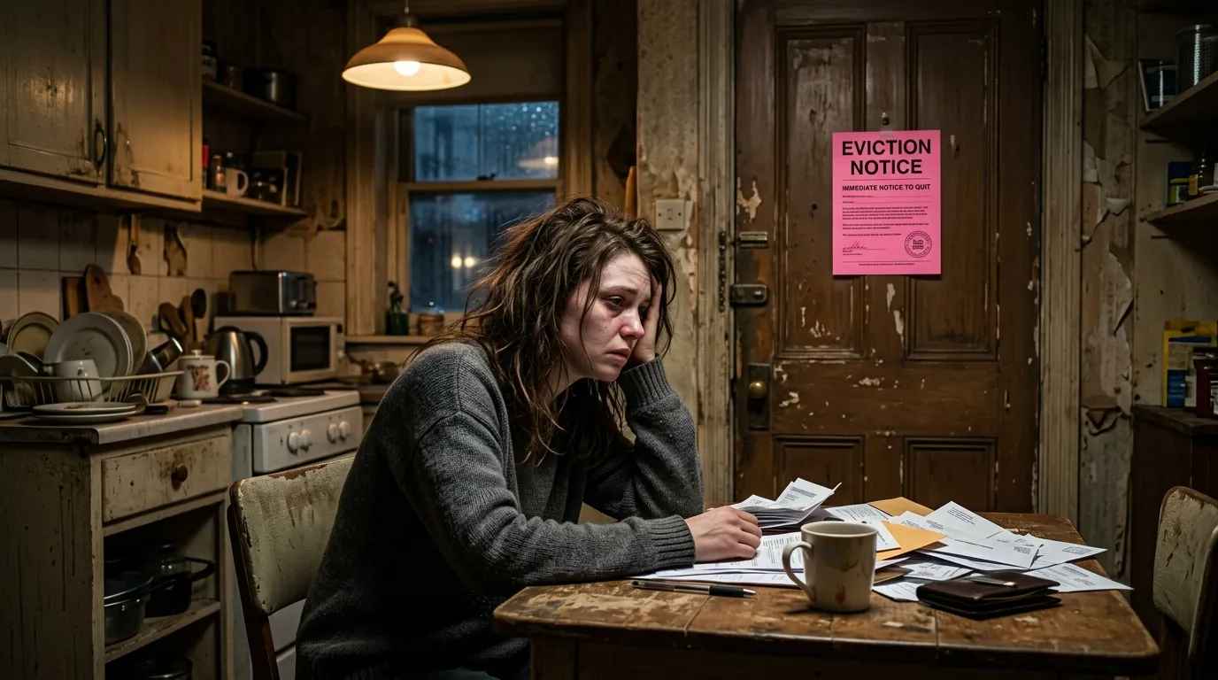 An exhausted young woman sitting in a shabby kitchen, looking toward a brightly colored eviction notice taped to the apartment door.