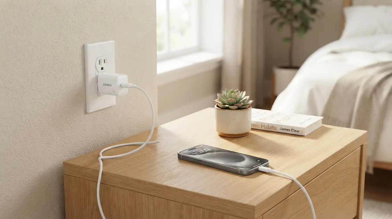 A high-quality charger plugged into a wall, charging a phone on a hard wooden bedside table