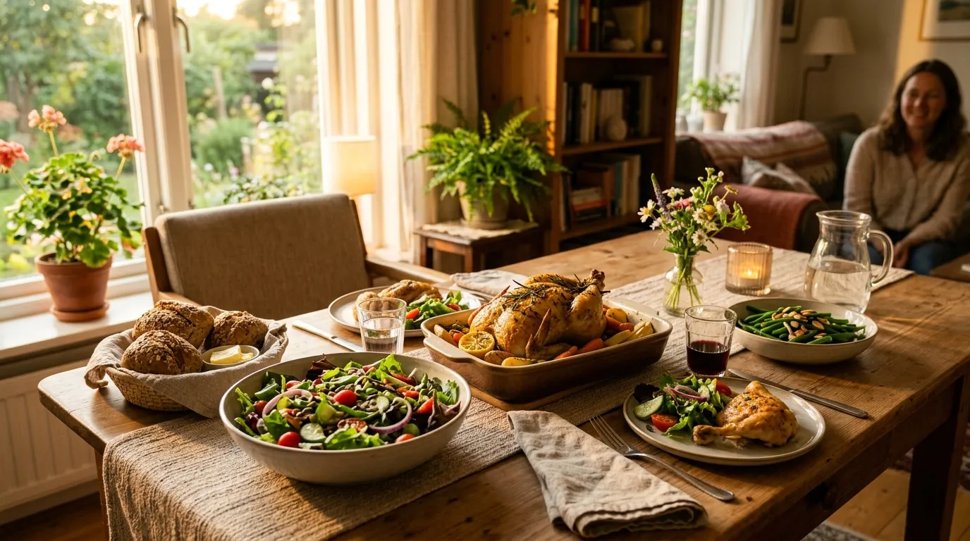 A beautifully set dining table with fresh, healthy home-cooked food