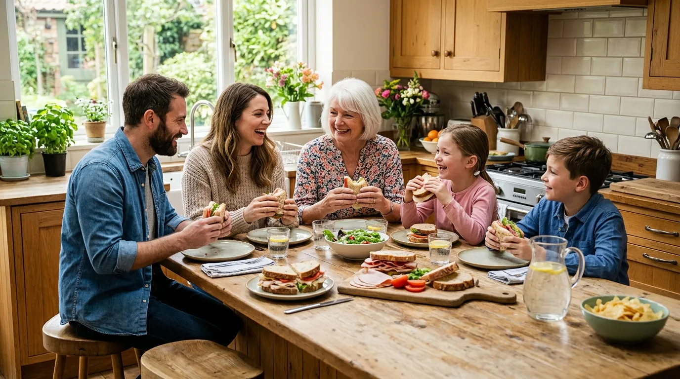 Happy family eating fresh sandwiches around a sunny kitchen island