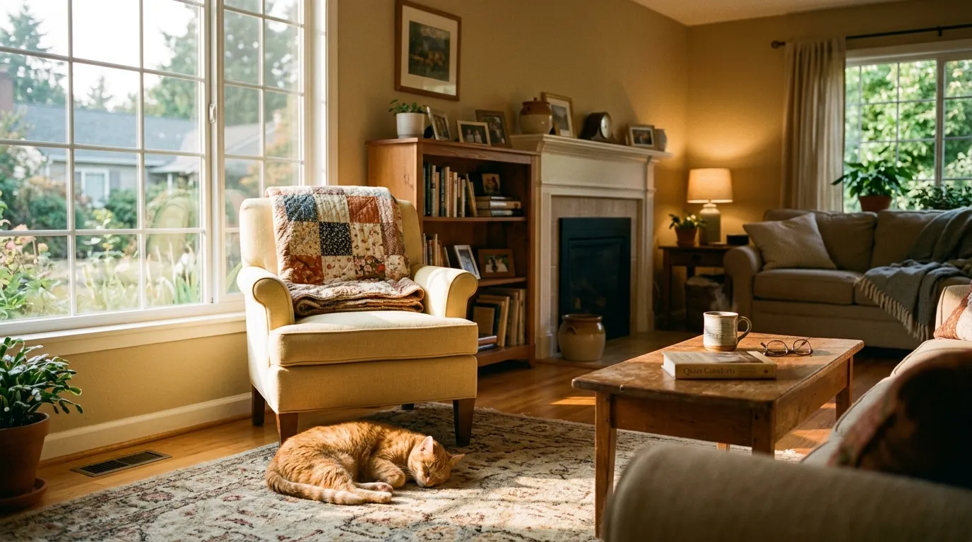 A cozy, sunlit living room with a vintage quilt on a chair and an orange tabby cat sleeping peacefully on a rug