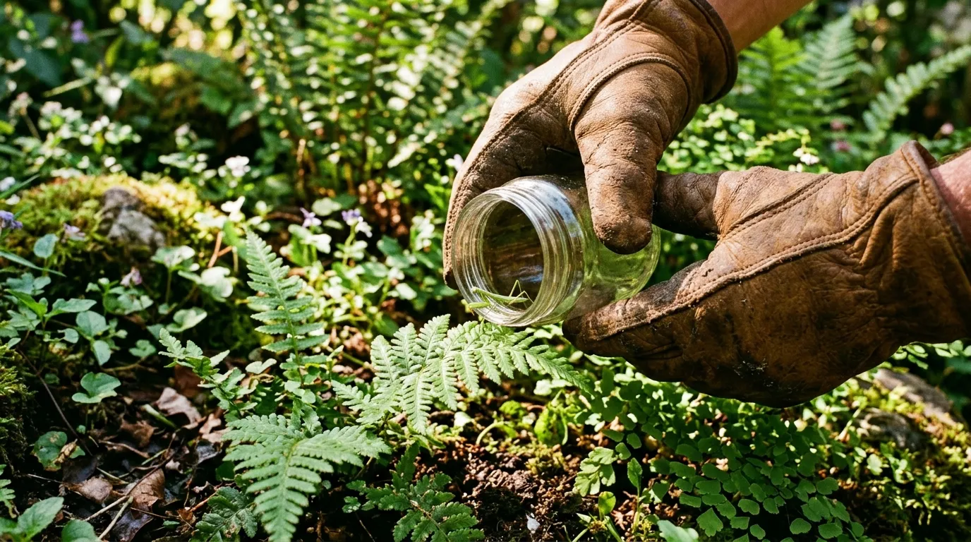 Hands wearing thick leather gardening gloves releasing an insect into an outdoor garden.