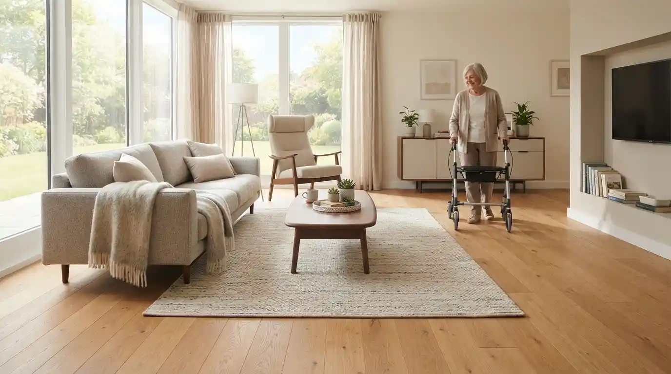 A well-lit, hazard-free modern living room with secured rugs and wide walkways
