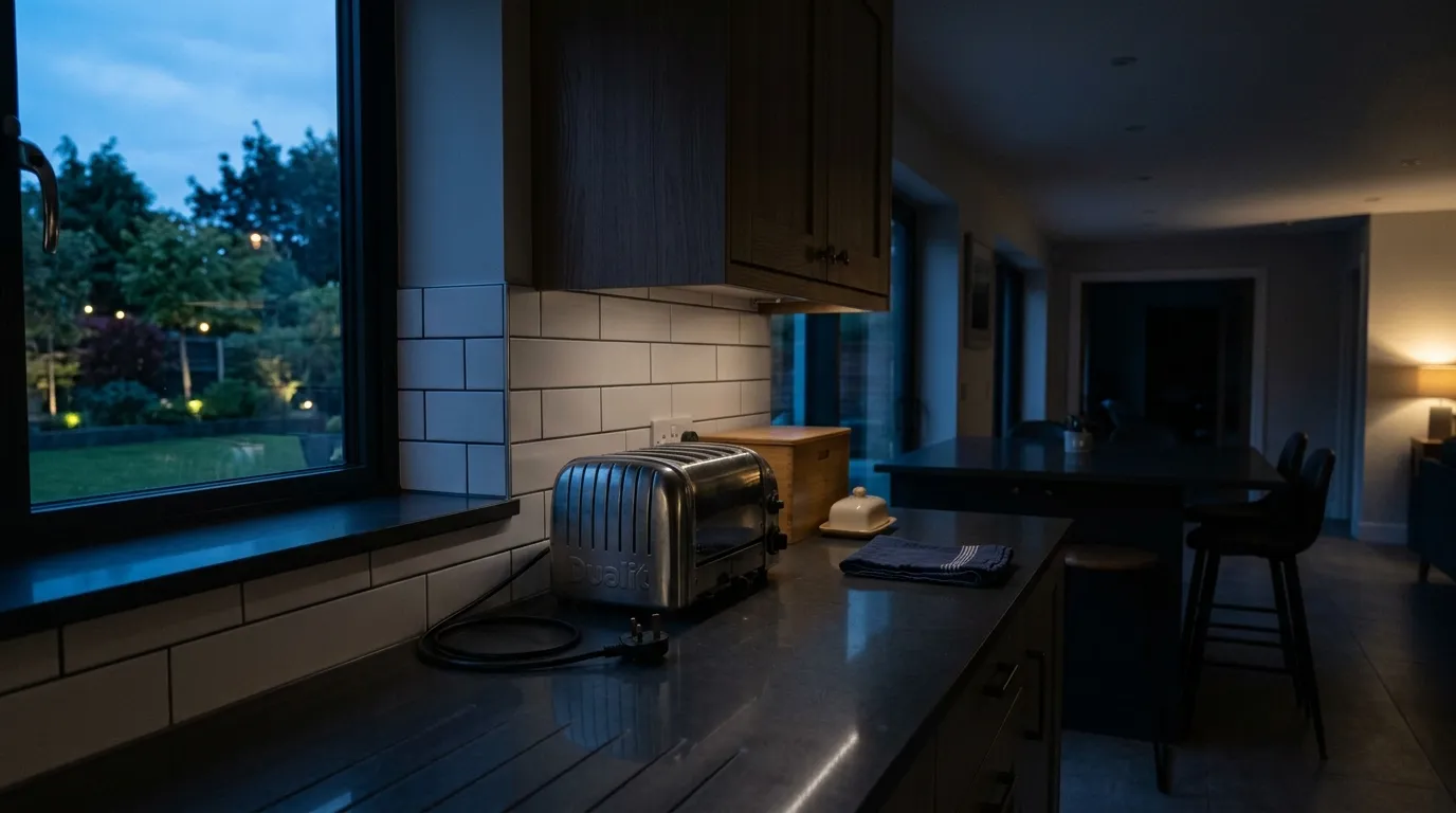 A quiet evening kitchen with clean counters and unplugged appliances ready for the night