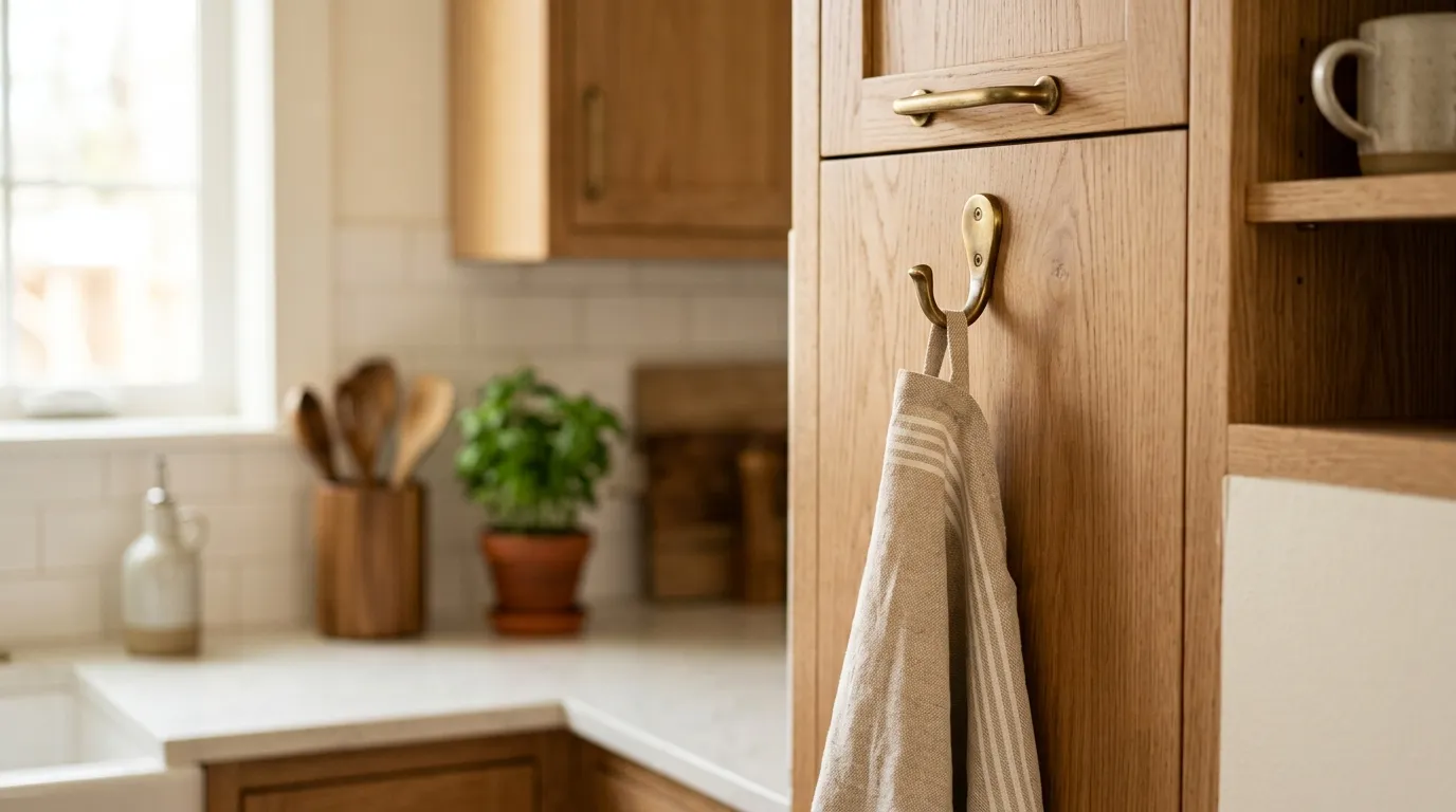A clean kitchen towel hanging neatly from a dedicated hook on a cabinet side