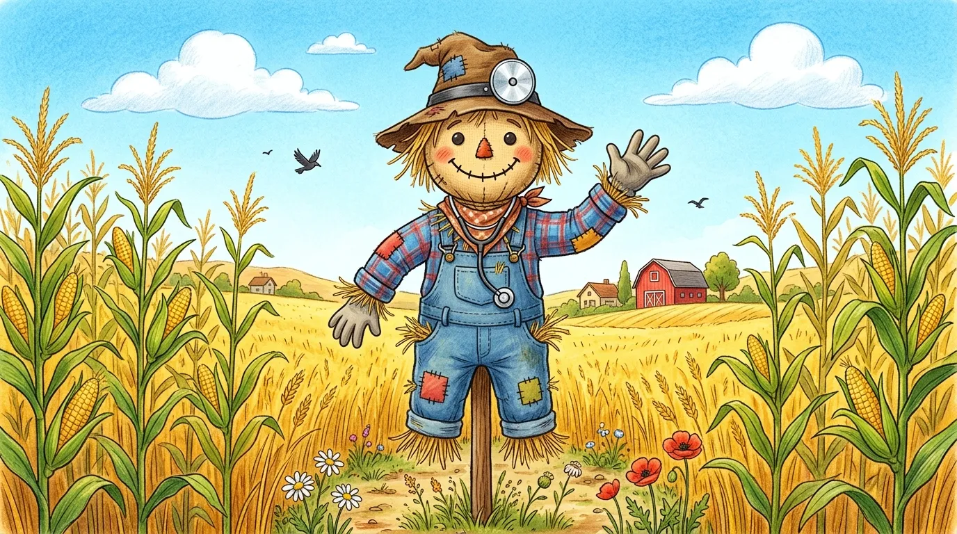 A happy scarecrow in a cornfield wearing a doctor's stethoscope