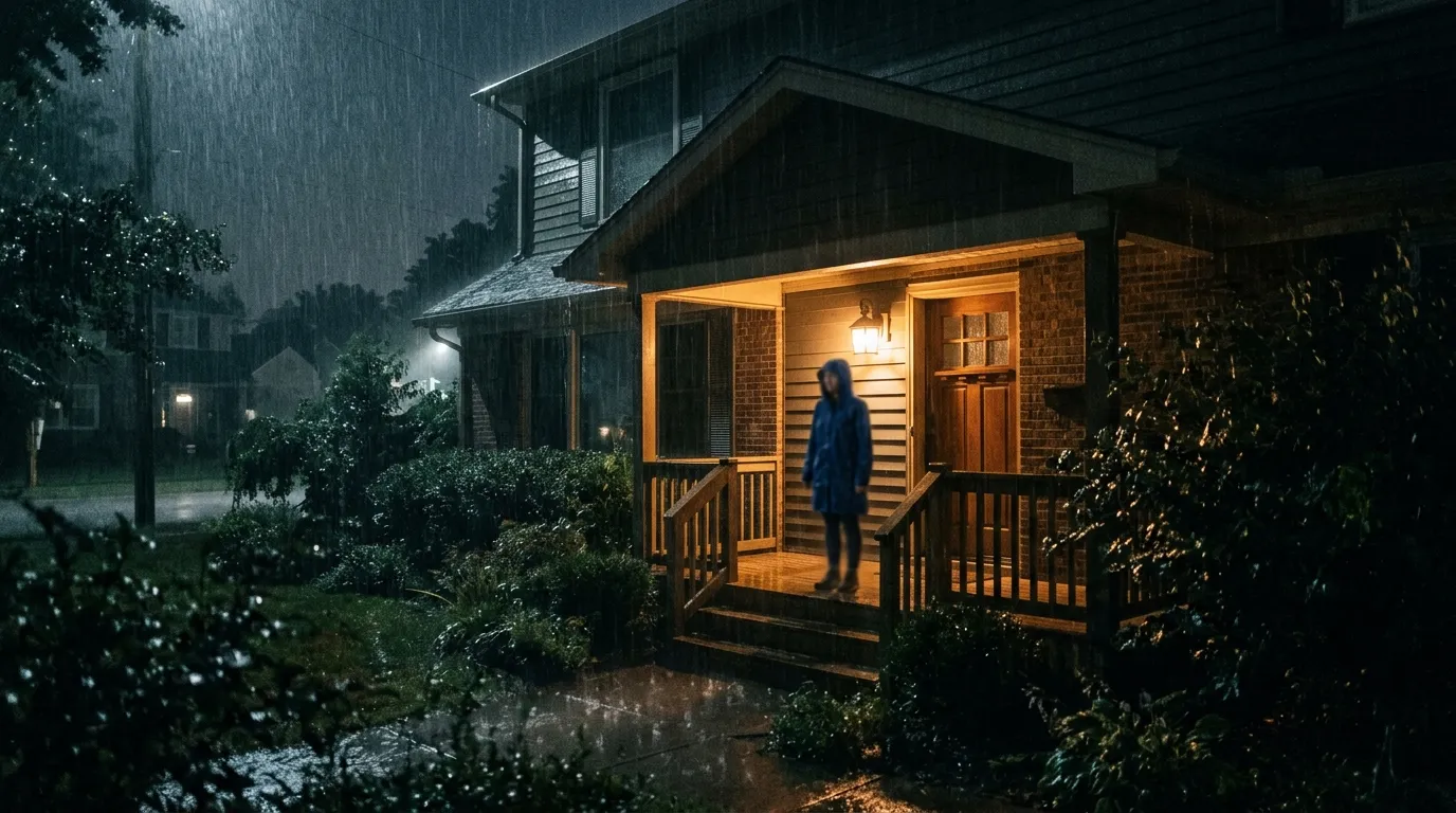 A frightened twelve-year-old girl standing soaked in the rain