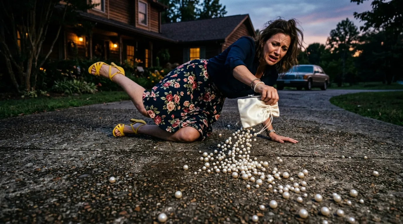 Vintage pearls scattered across a concrete driveway after being dropped