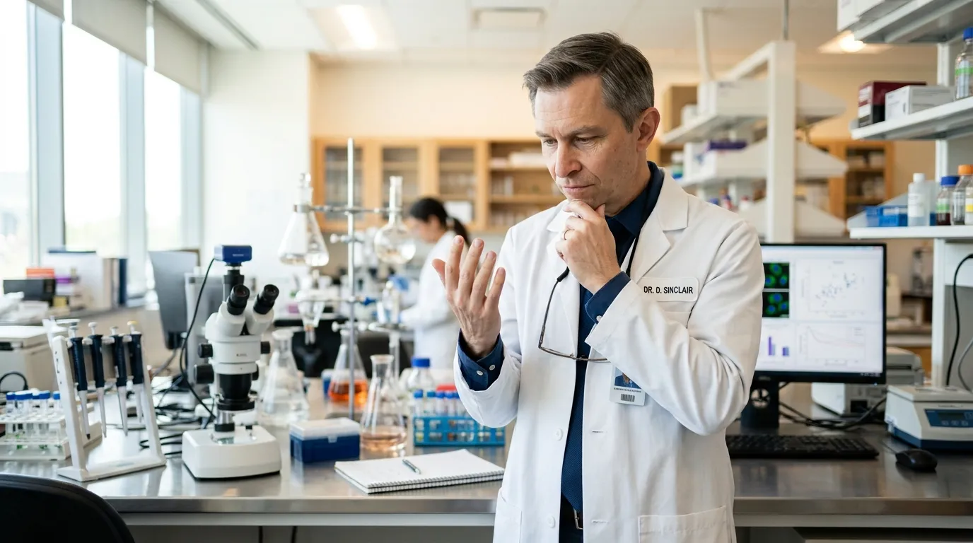 A scientist in a white coat closely examining his fingernails in a modern laboratory setting.