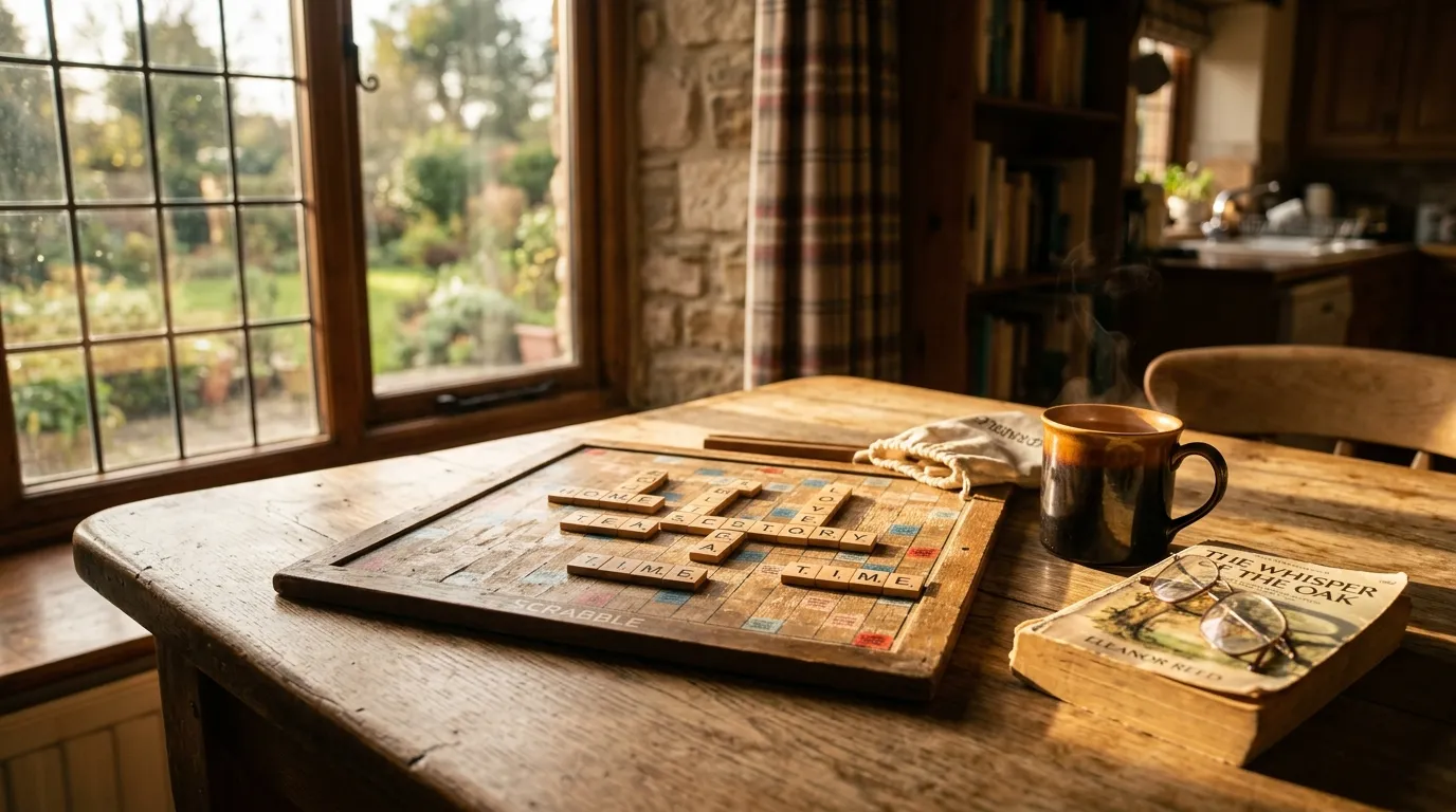 A rustic Scrabble board and a cup of steaming tea on a wooden table in the afternoon sun