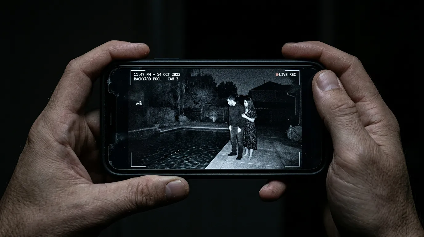 A glowing smartphone screen displaying a grainy black-and-white night-vision security camera feed of a man and a woman standing suspiciously by a swimming pool.