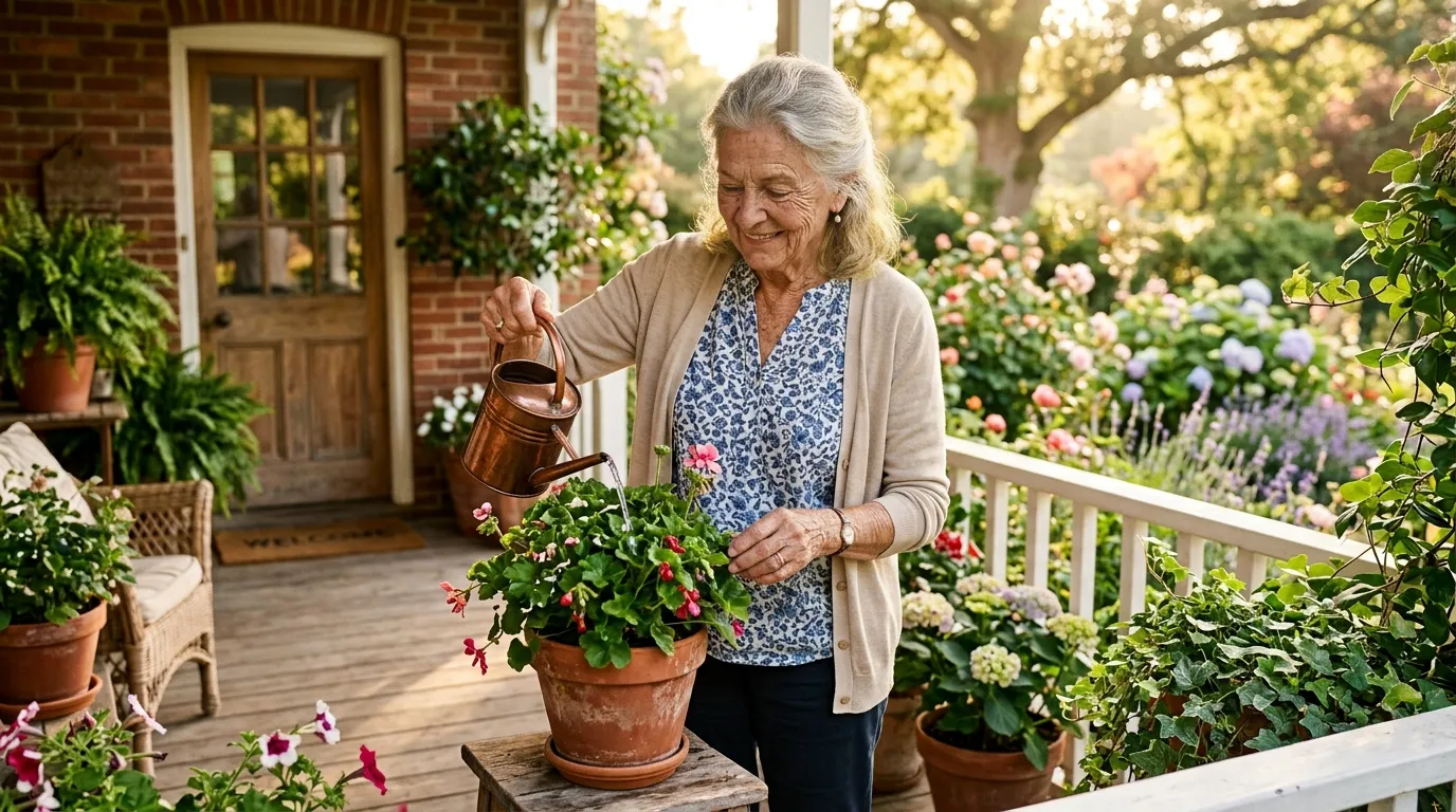 An older woman smiling gently while watering a vibrant potted plant on her sunny porch