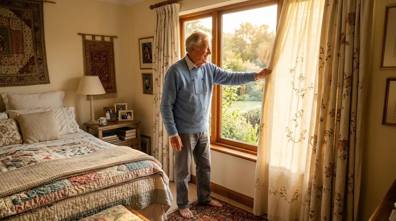 An older man in a cozy bedroom opening the curtains to let in bright morning sunlight