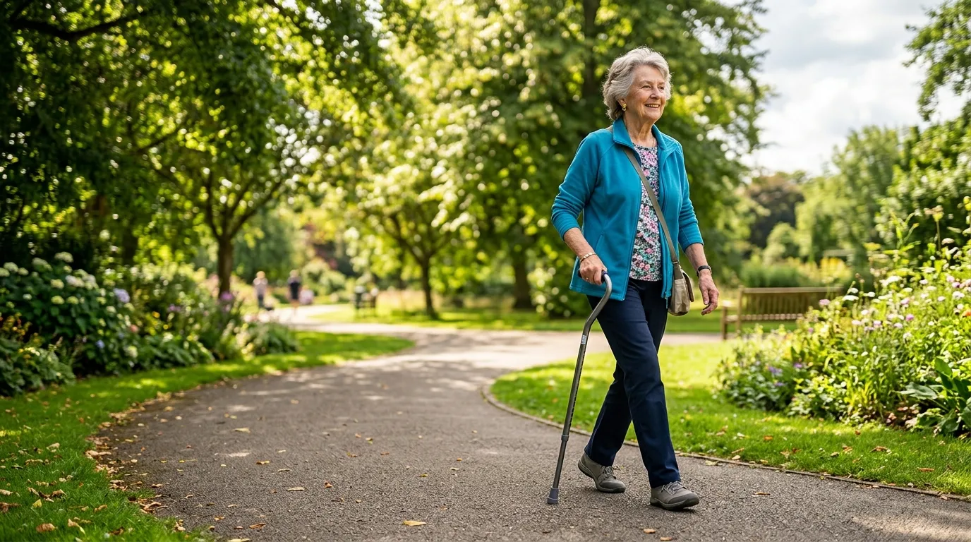 An older woman confidently walking in a bright green park using a sleek walking cane