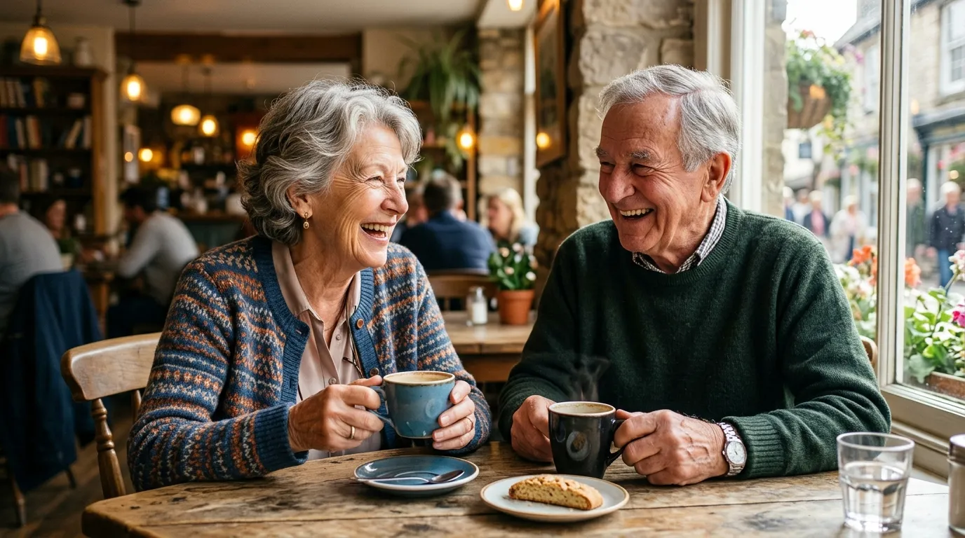 Two elderly friends smiling and laughing over coffee at a sunlit cafe table