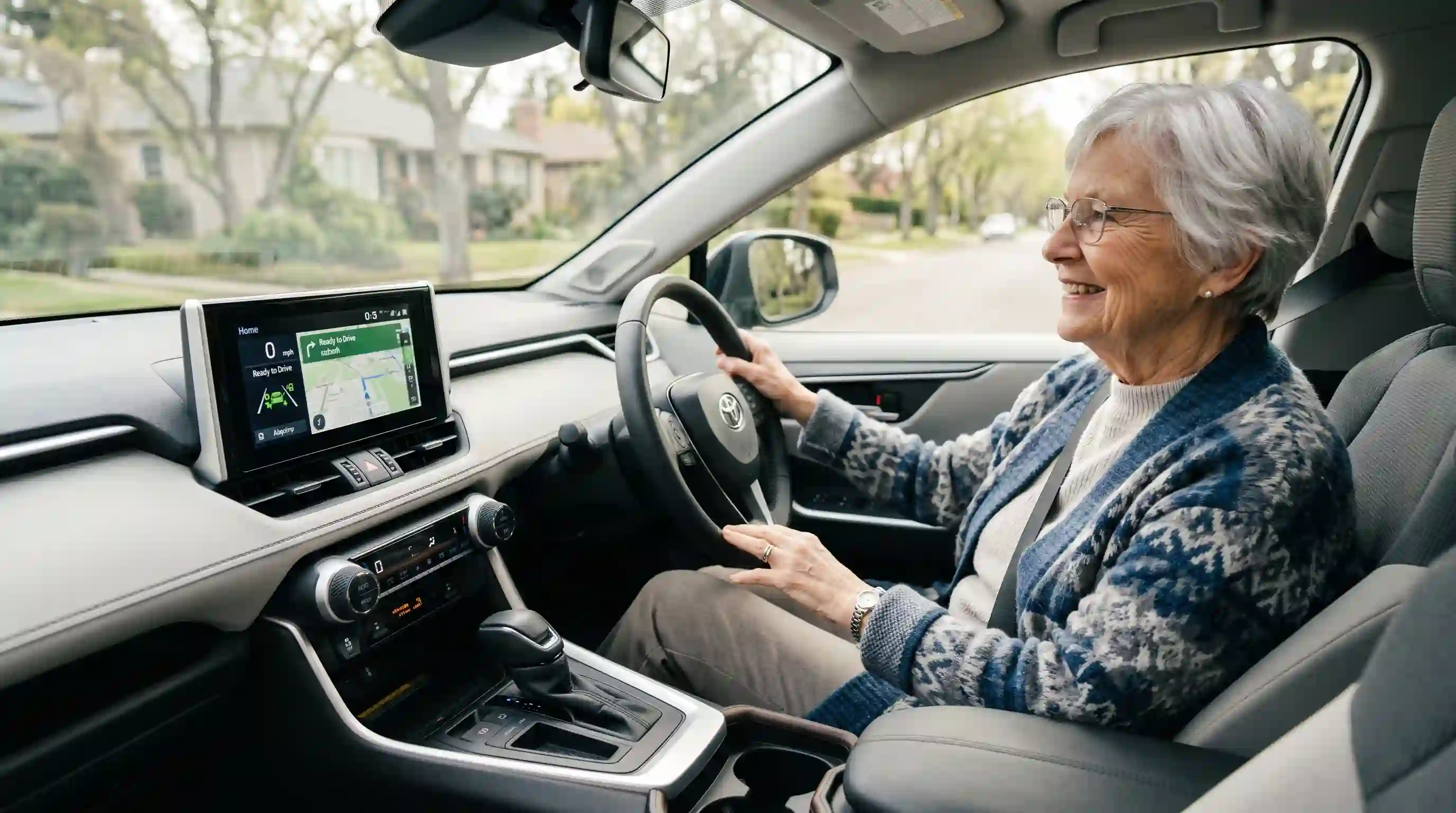 Confident elderly woman driving a modern automatic car with a digital display