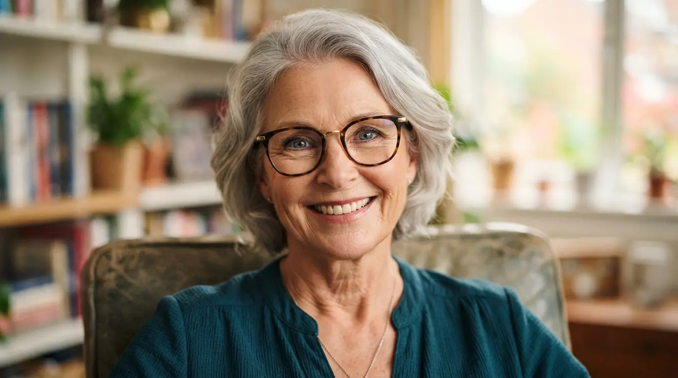 A smiling senior woman wearing stylish, perfectly fitted prescription glasses