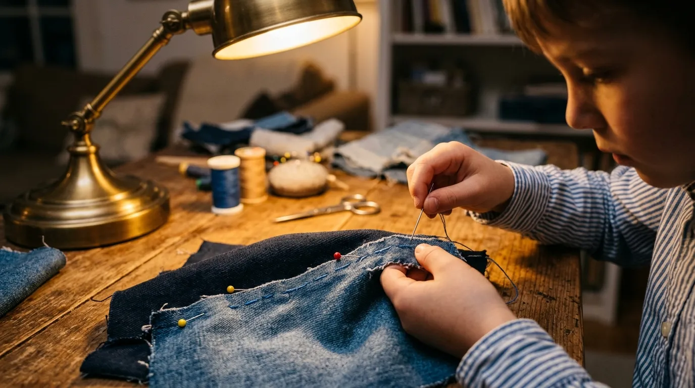 Close up of hands carefully sewing pieces of denim fabric together under a warm lamp