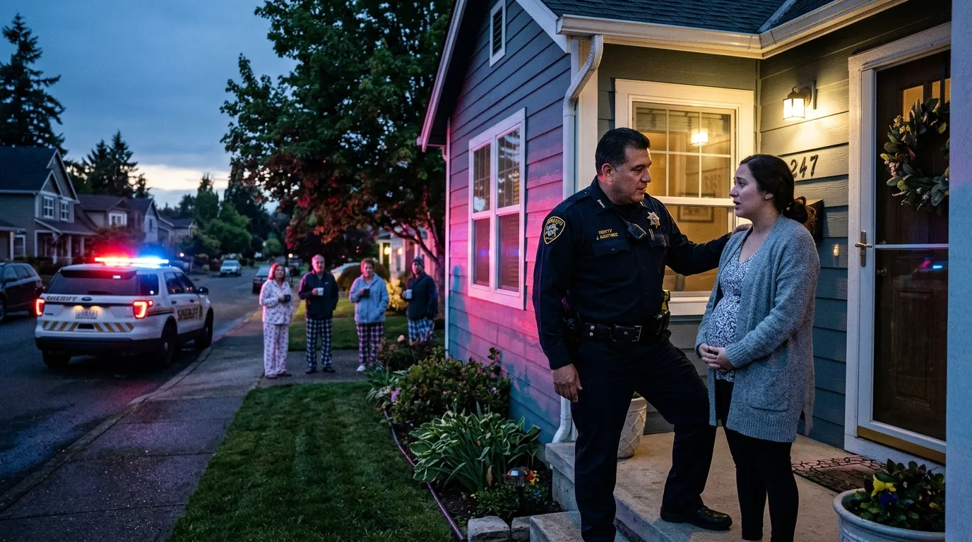 A sheriff speaking gently to a pregnant woman on her front porch while police lights flash in the background.