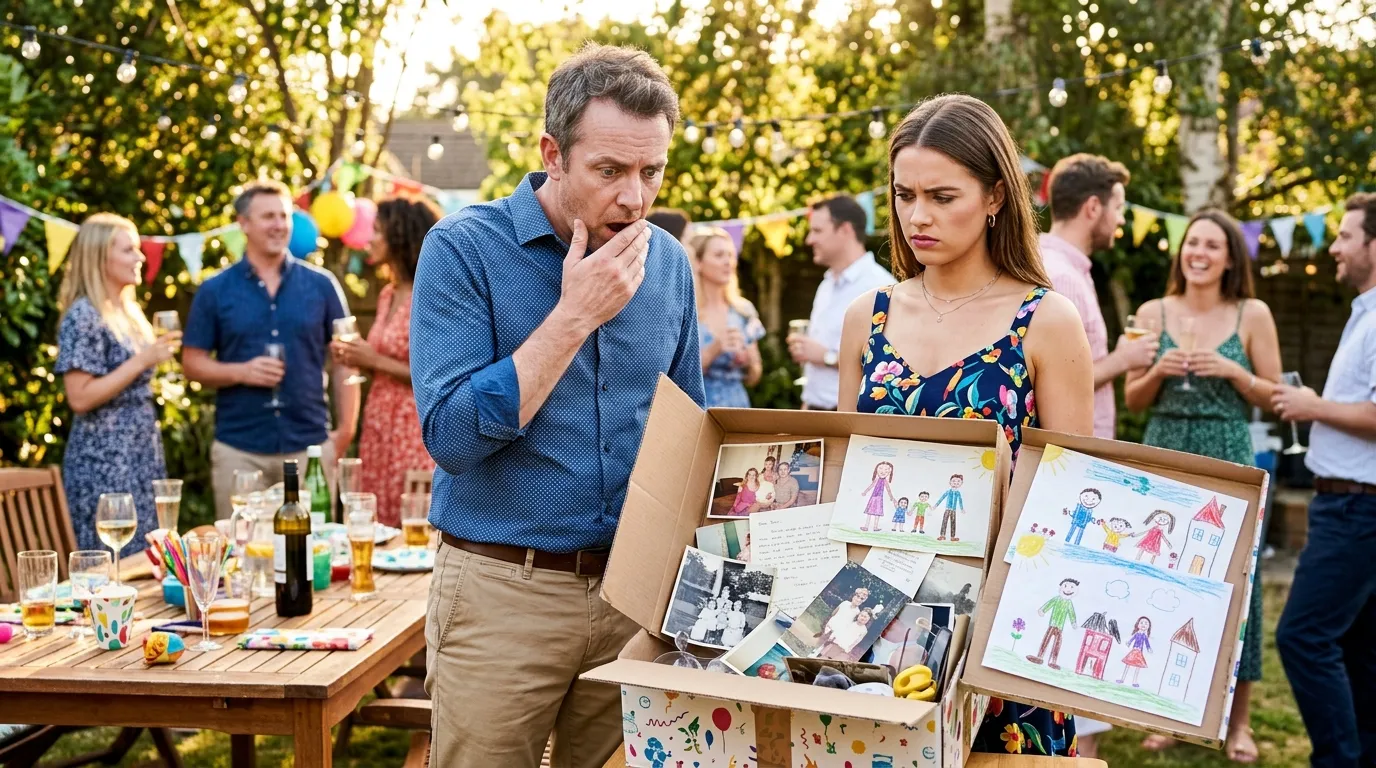 A shocked man staring into an open cardboard box filled with children's drawings and photos.