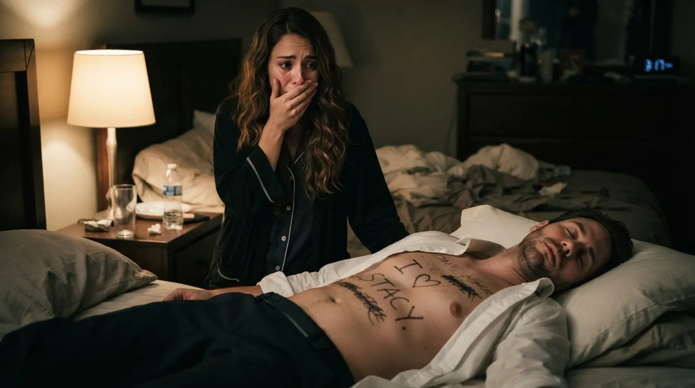 Devastated wife looking at the handwritten reply on her drunken husband's chest