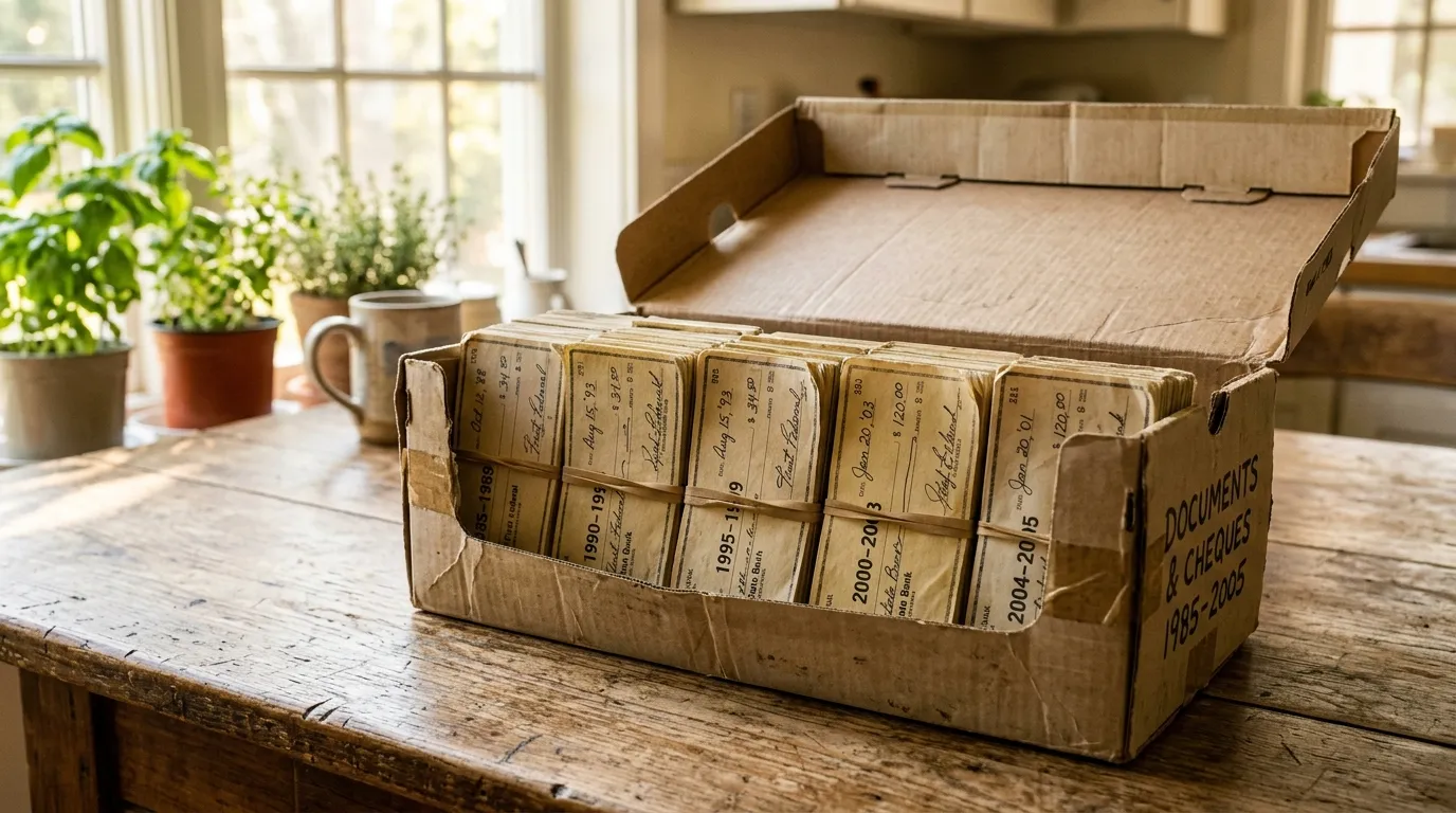 An old shoebox filled with bundles of uncashed checks sitting on a wooden table