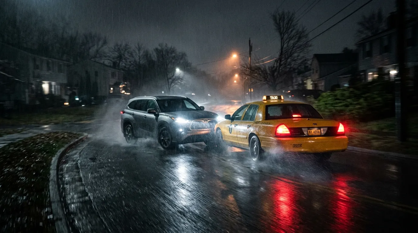 Silver SUV driving aggressively down a dark wet suburban road chasing a taxi