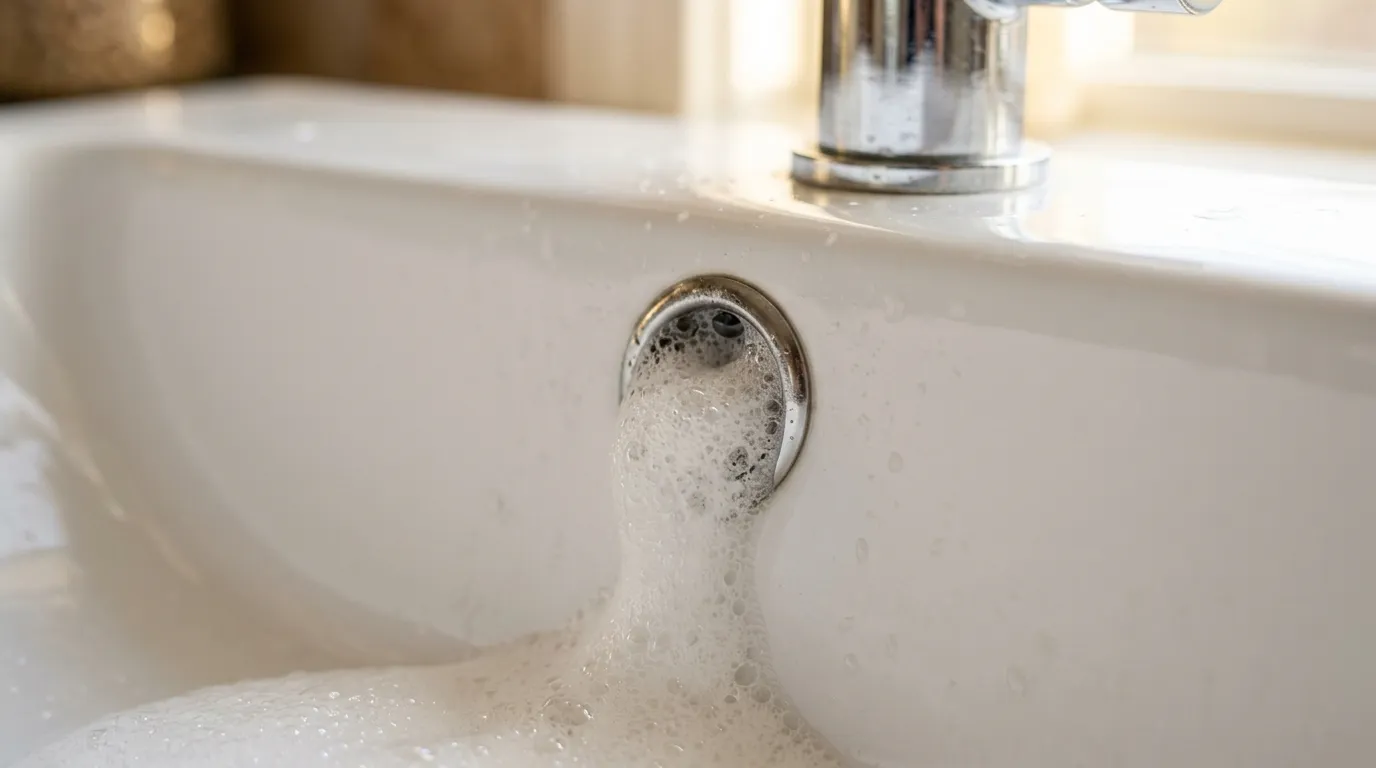 Baking soda and vinegar bubbling out of a sink overflow hole