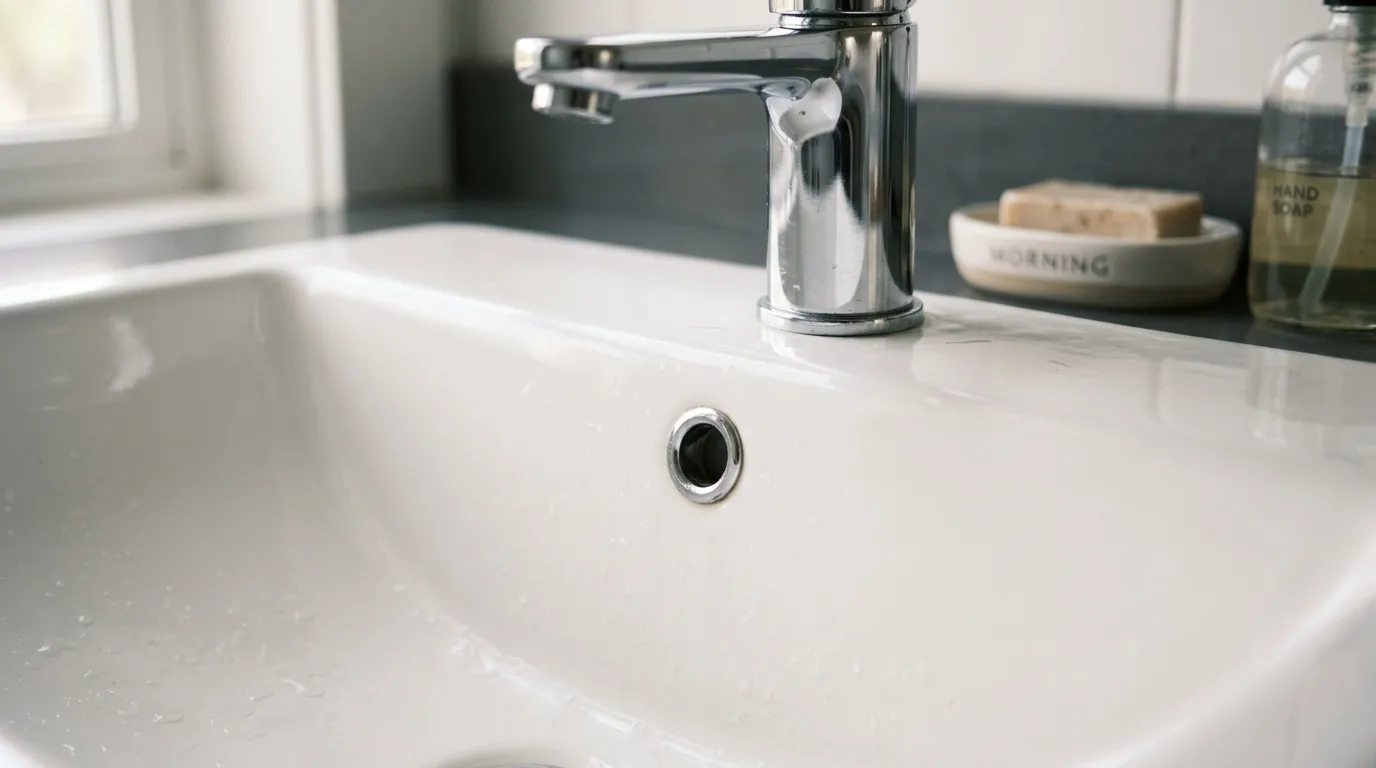 Close up of a clean white bathroom sink showing the small overflow hole
