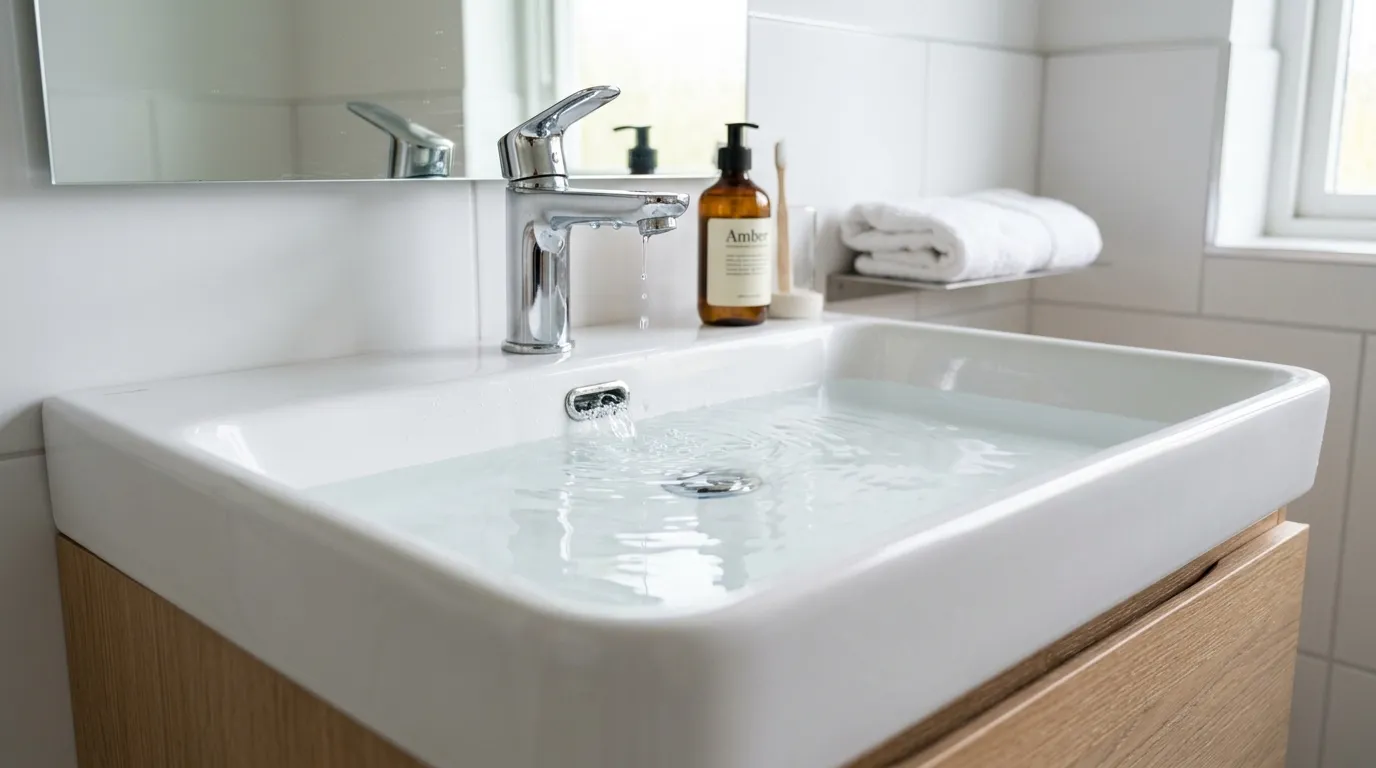 Water rising in a white sink and draining into the small overflow hole