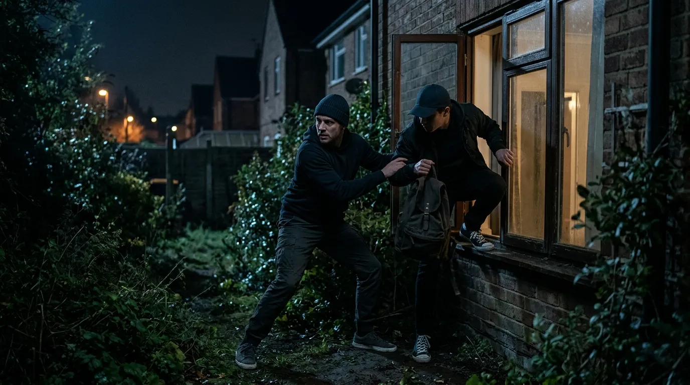Two young sisters climbing out of a suburban bedroom window into the dark night