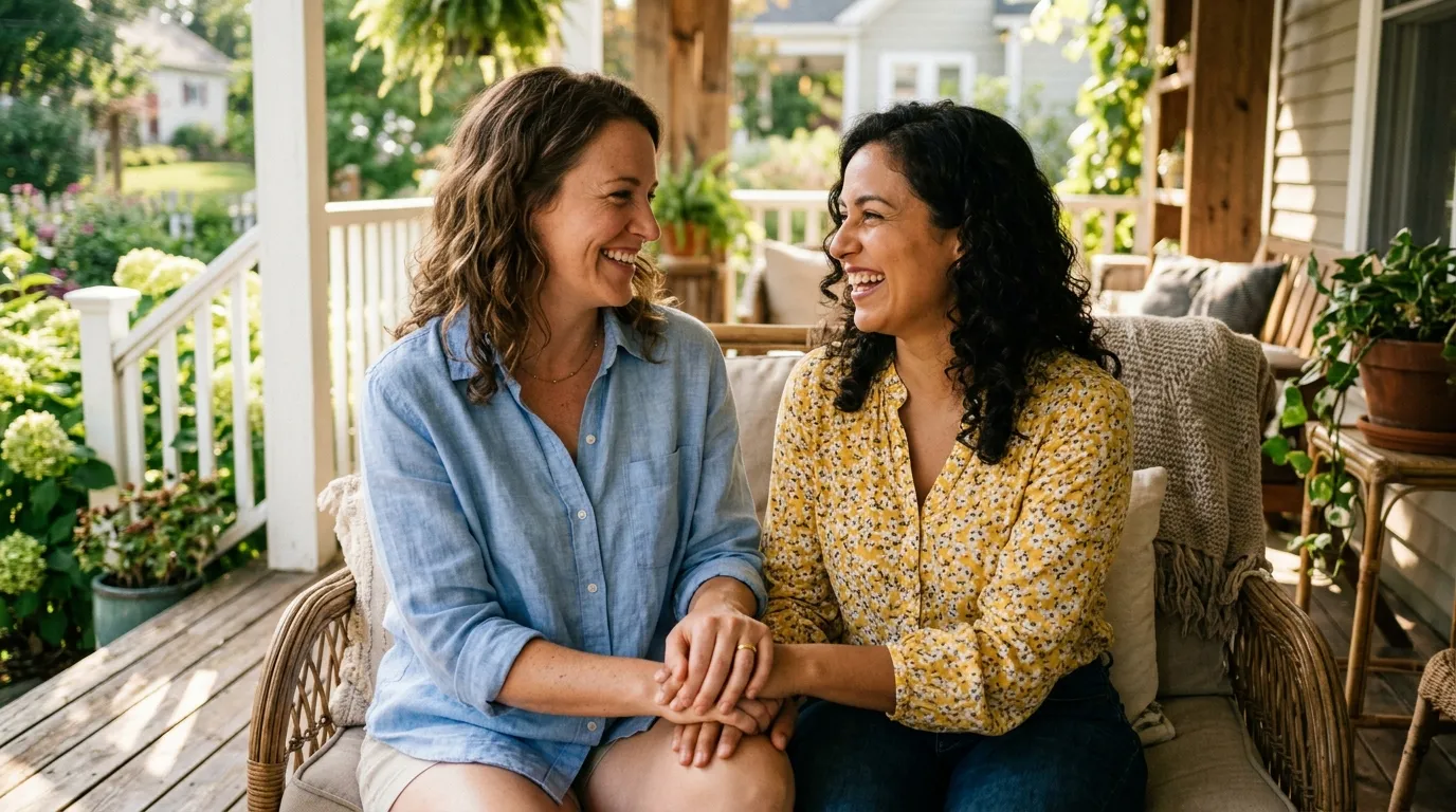 Two women sitting side-by-side, holding hands warmly, with a resized gold wedding ring shining brightly on one woman's hand.