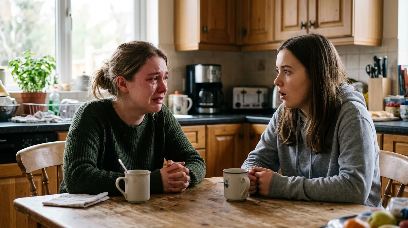 Two sisters sitting in a kitchen, one pleading emotionally while the other listens in shock.