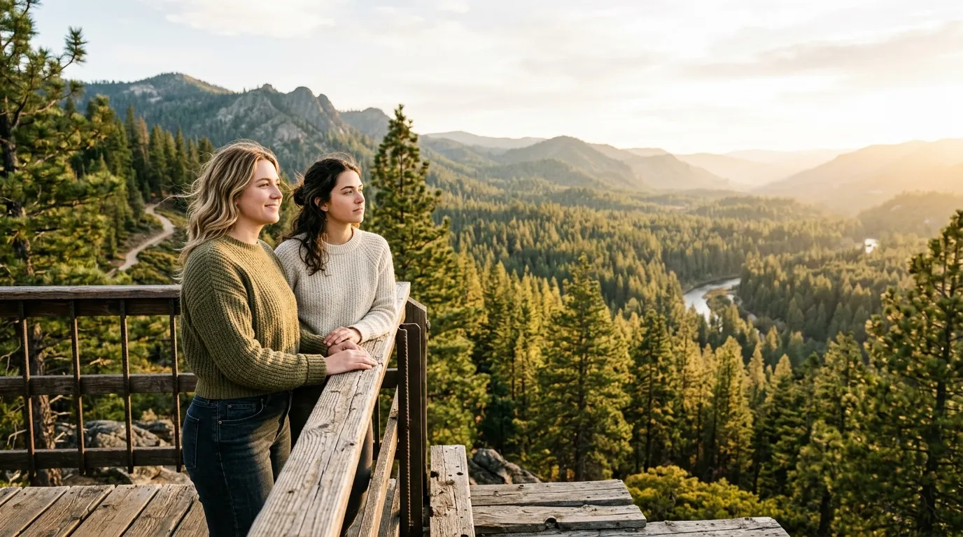 Two sisters standing side by side looking at a serene landscape of pine trees in Northern California