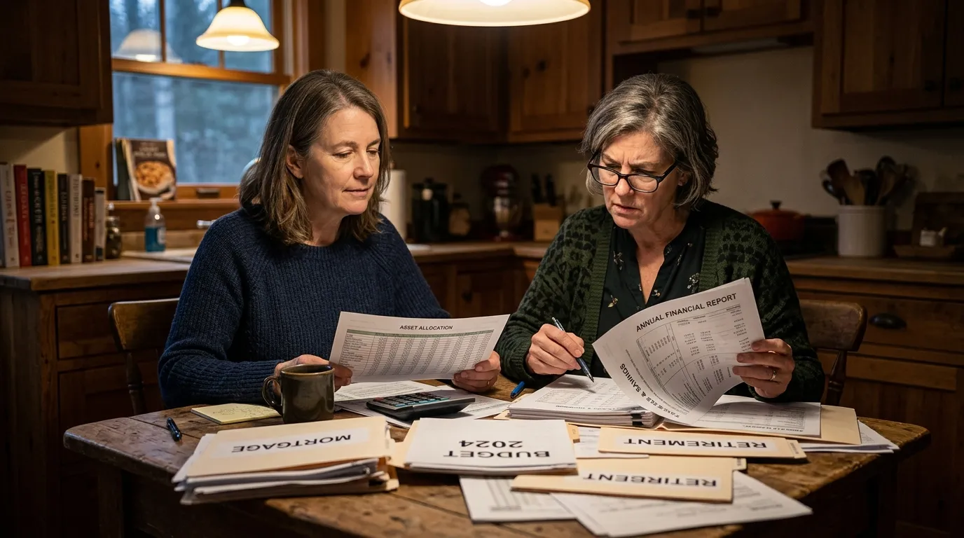 Two women reviewing financial documents at a kitchen table